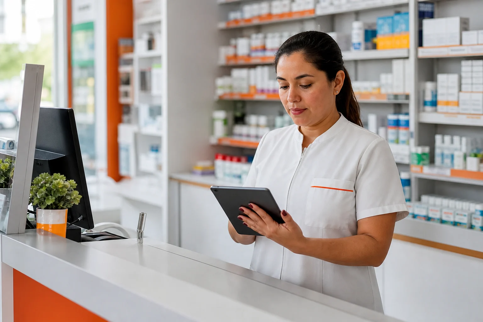 Trabajadora de farmacia consultando inventario en una tableta detrás del mostrador