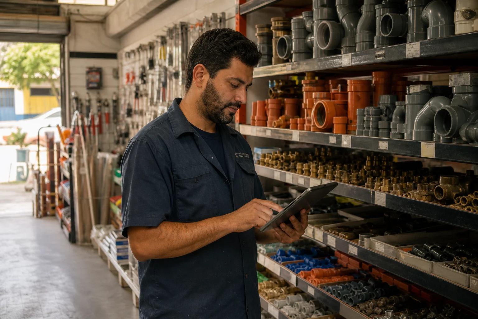 Trabajador de ferretería revisando inventario en una tableta junto a los estantes