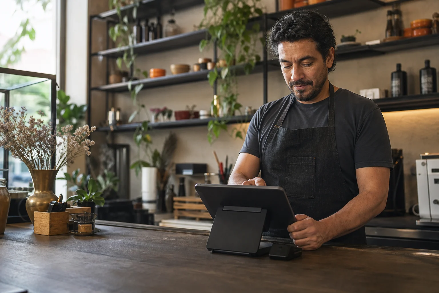 Comerciante usando Ritmo POS desde su mostrador