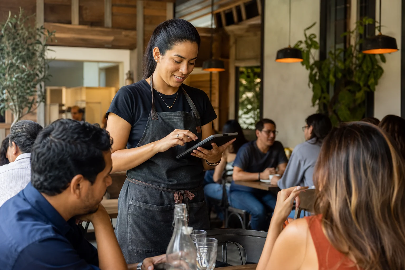 Trabajadora de restaurante registrando un pedido en una tableta durante el servicio